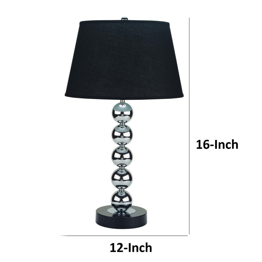 Benjara 16 Inch Table Lamp Set of 2, 5 Ball Stem, Round Base, Chrome Metal, Black
