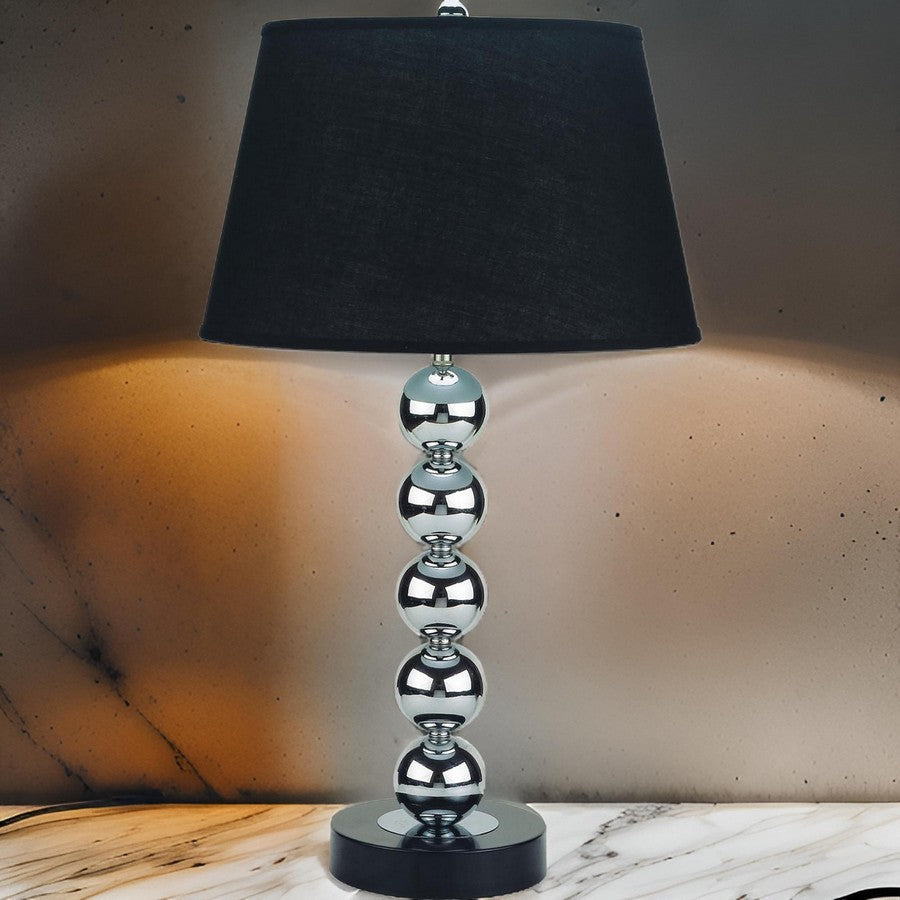 Benjara 16 Inch Table Lamp Set of 2, 5 Ball Stem, Round Base, Chrome Metal, Black