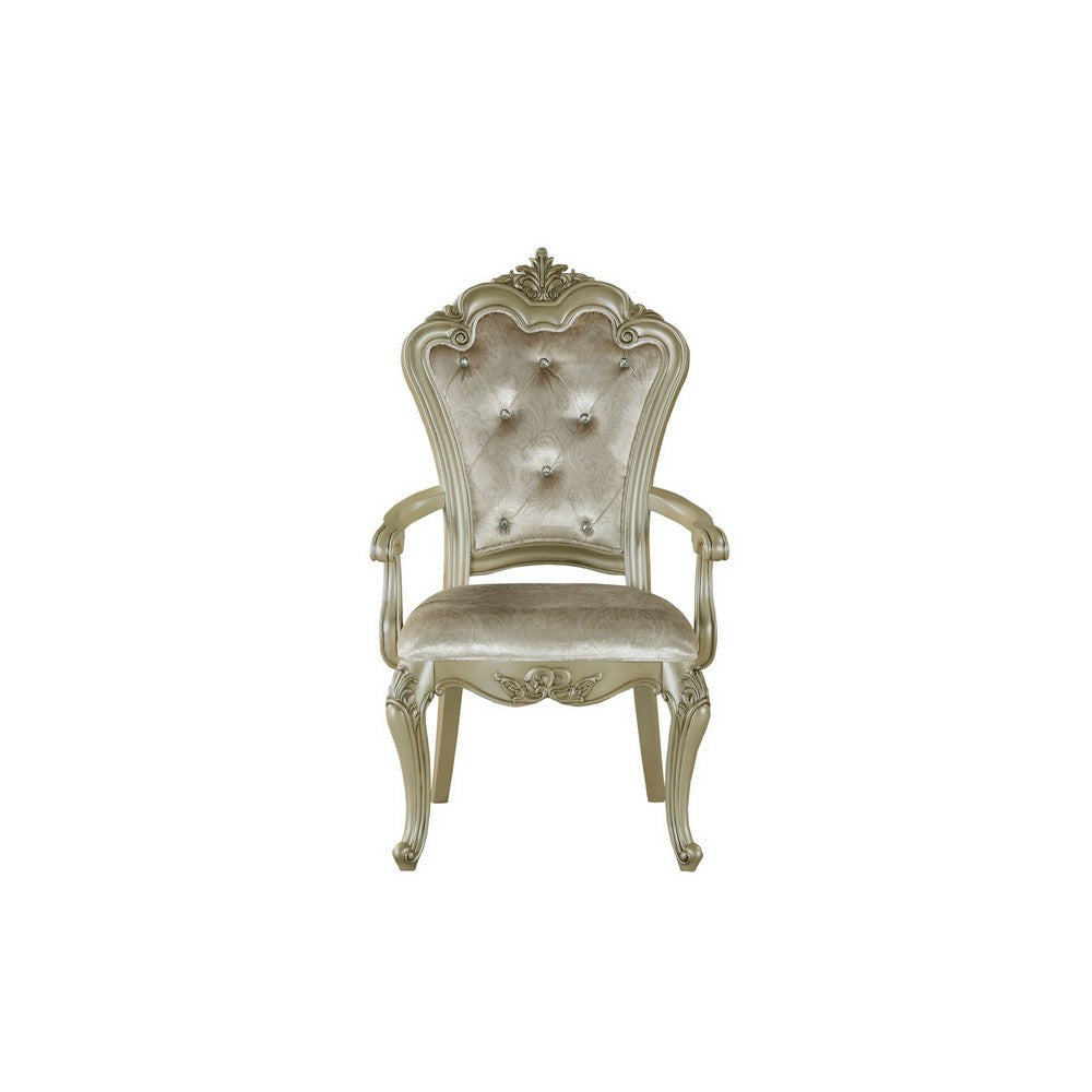 Benjara Siq 27 Inch Dining Armchair Set of 2, Upholstered, Champagne Gold, Silver