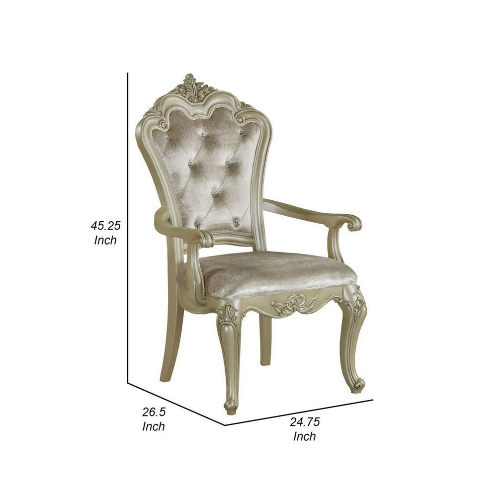 Benjara Siq 27 Inch Dining Armchair Set of 2, Upholstered, Champagne Gold, Silver