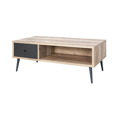 Benjara Carly 47 Inch Coffee Table, Tapered Legs, 1 Drawer, Light Brown And Gray