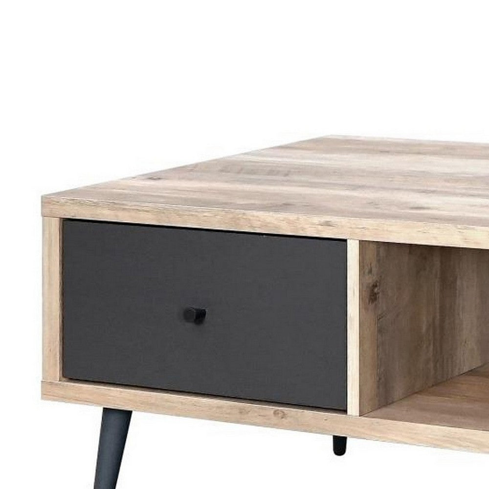 Benjara Carly 47 Inch Coffee Table, Tapered Legs, 1 Drawer, Light Brown And Gray