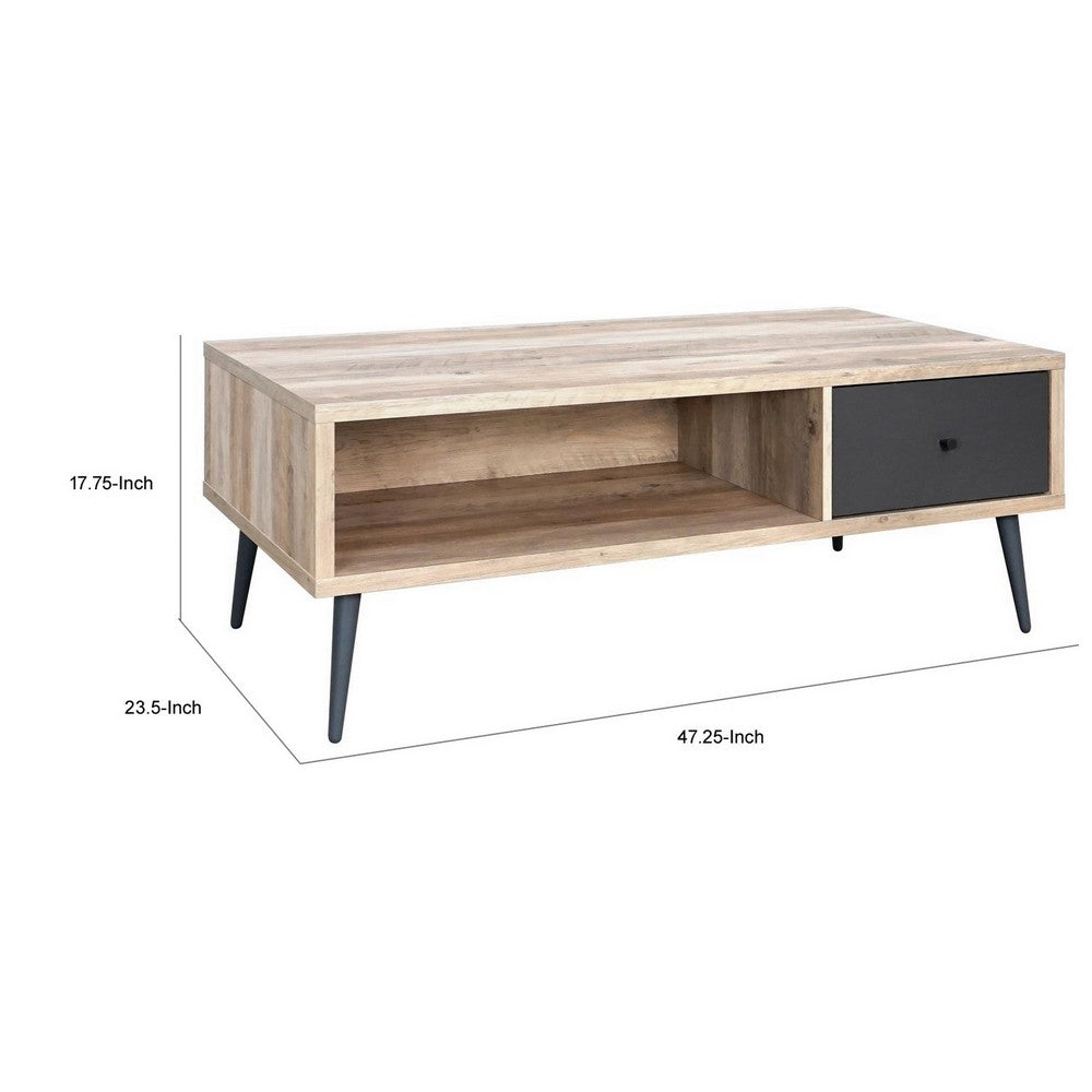 Benjara Carly 47 Inch Coffee Table, Tapered Legs, 1 Drawer, Light Brown And Gray