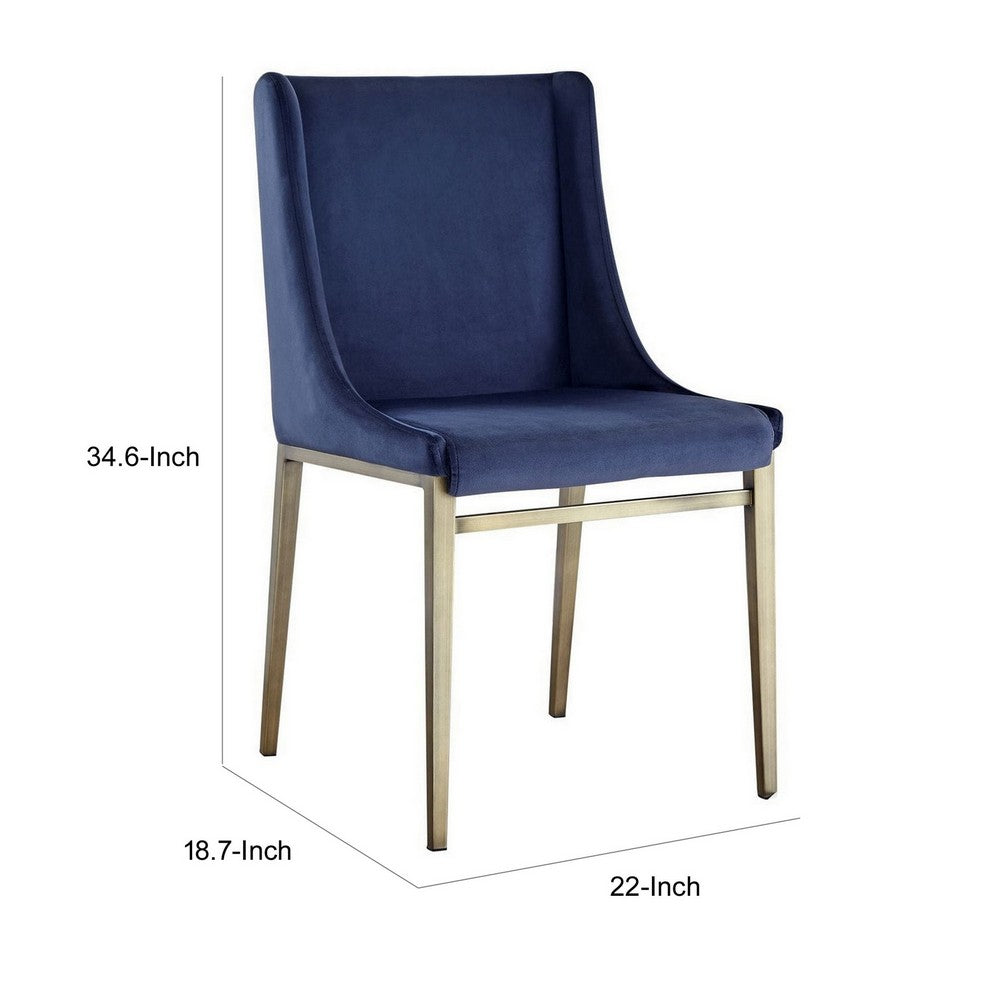 Benjara Cid Kinn 22 Inch Dining Chair Set of 2, Gold Base, Blue Velvet Upholstery