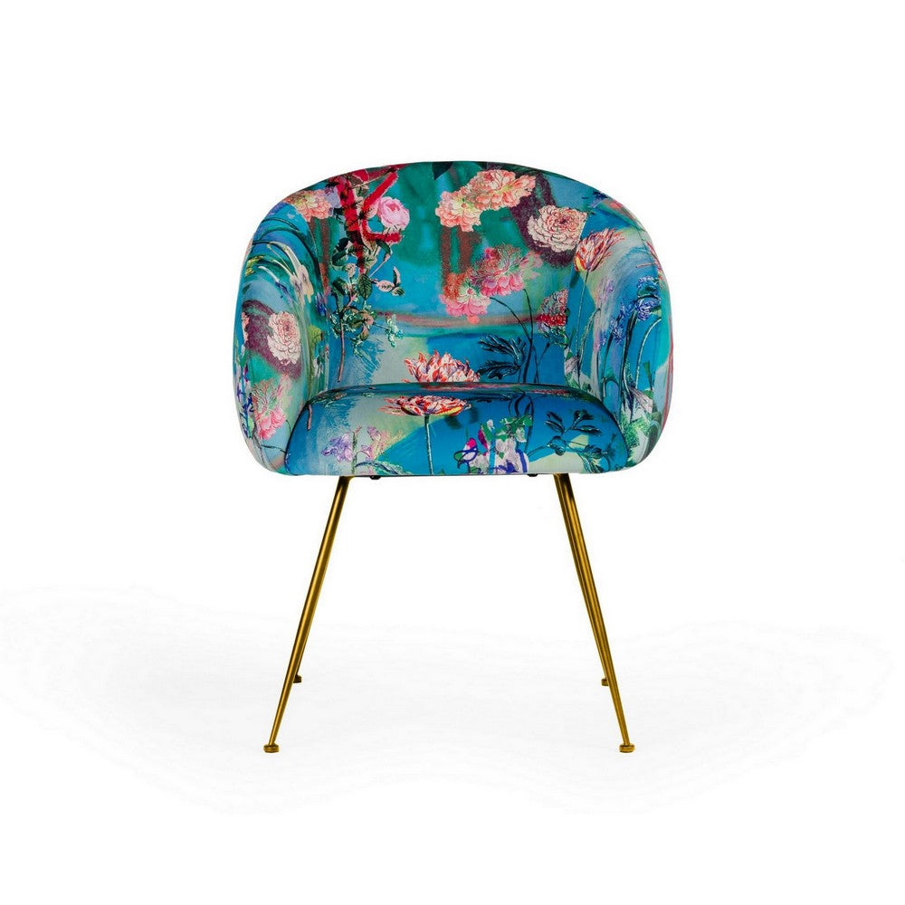 Benjara 25 Inch Dining Chair, Floral Design, Gold Legs, Blue Velvet Upholstery