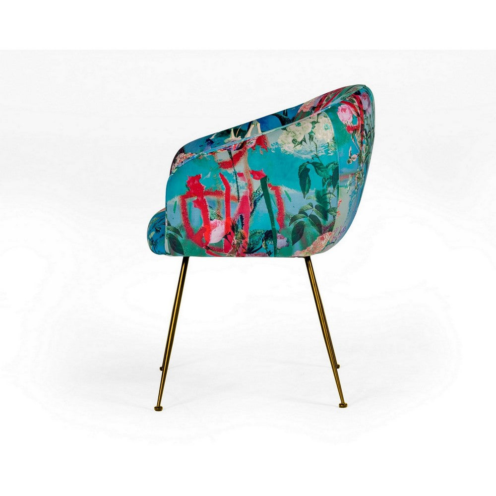 Benjara 25 Inch Dining Chair, Floral Design, Gold Legs, Blue Velvet Upholstery