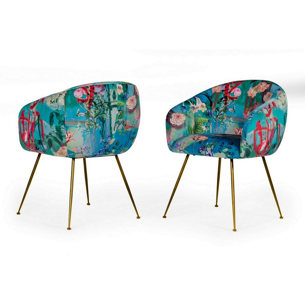Benjara 25 Inch Dining Chair, Floral Design, Gold Legs, Blue Velvet Upholstery