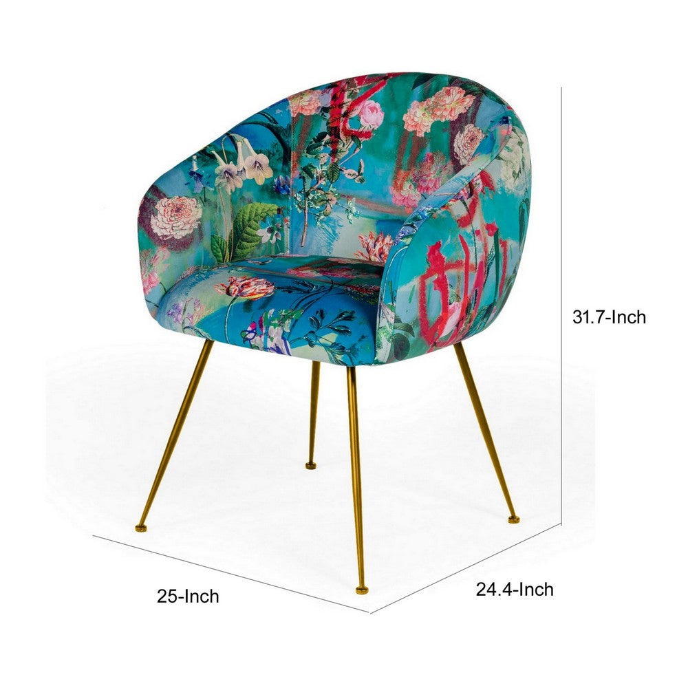 Benjara 25 Inch Dining Chair, Floral Design, Gold Legs, Blue Velvet Upholstery
