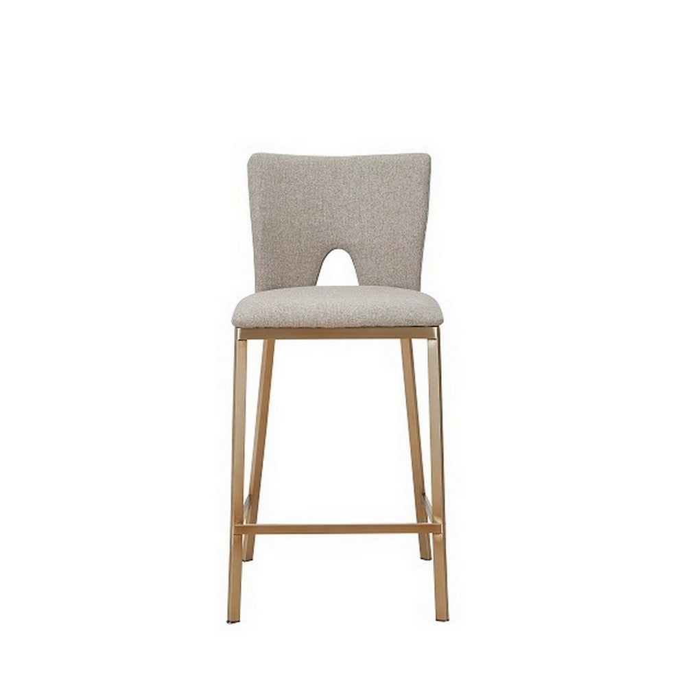 Benjara 27 Inch Counter Stool Chair Set of 2, Beige Velvet Upholstery And Brass