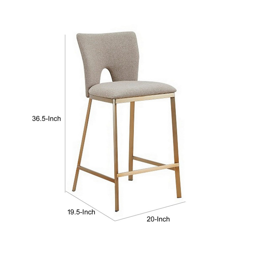 Benjara 27 Inch Counter Stool Chair Set of 2, Beige Velvet Upholstery And Brass