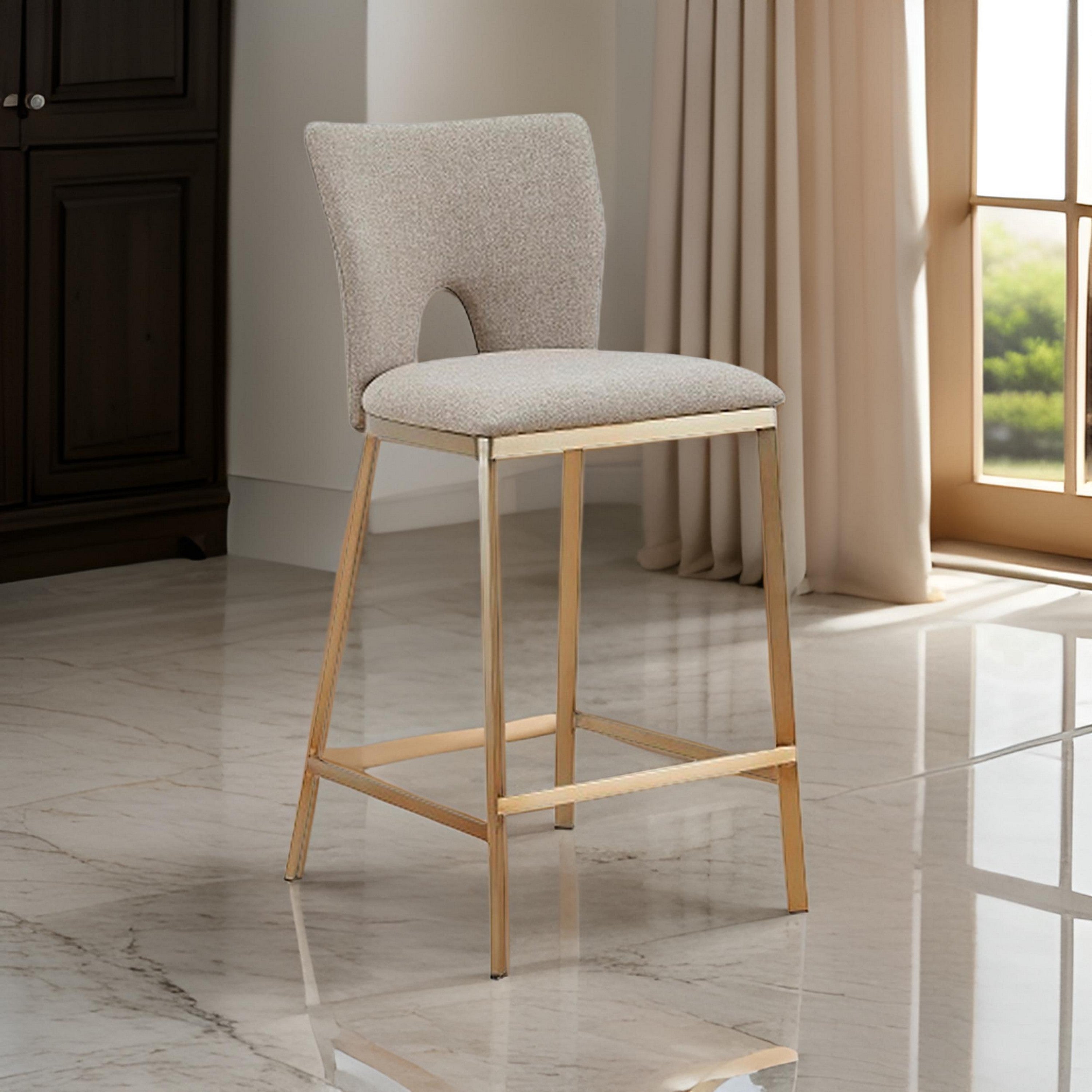 Benjara 27 Inch Counter Stool Chair Set of 2, Beige Velvet Upholstery And Brass