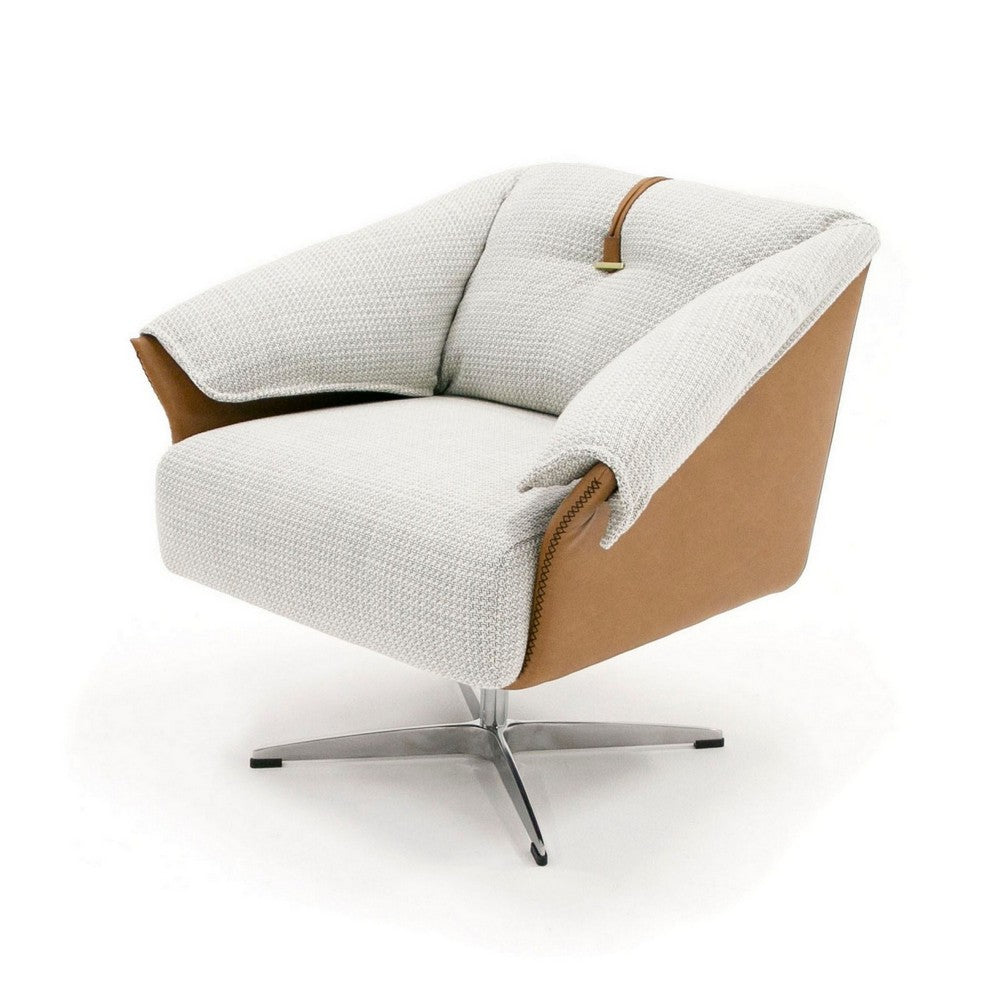 Benjara 31 Inch Swivel Accent Chair, Padded Cushions, Faux Leather, Gray, Caramel
