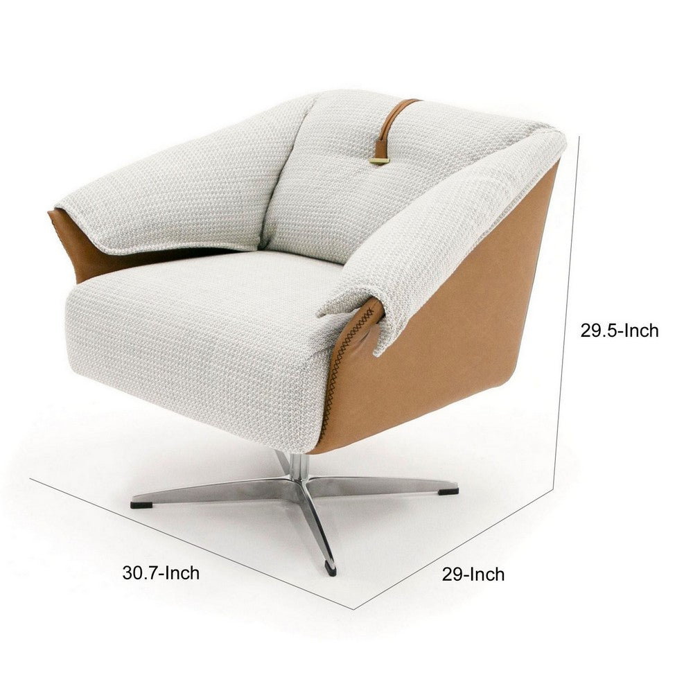 Benjara 31 Inch Swivel Accent Chair, Padded Cushions, Faux Leather, Gray, Caramel