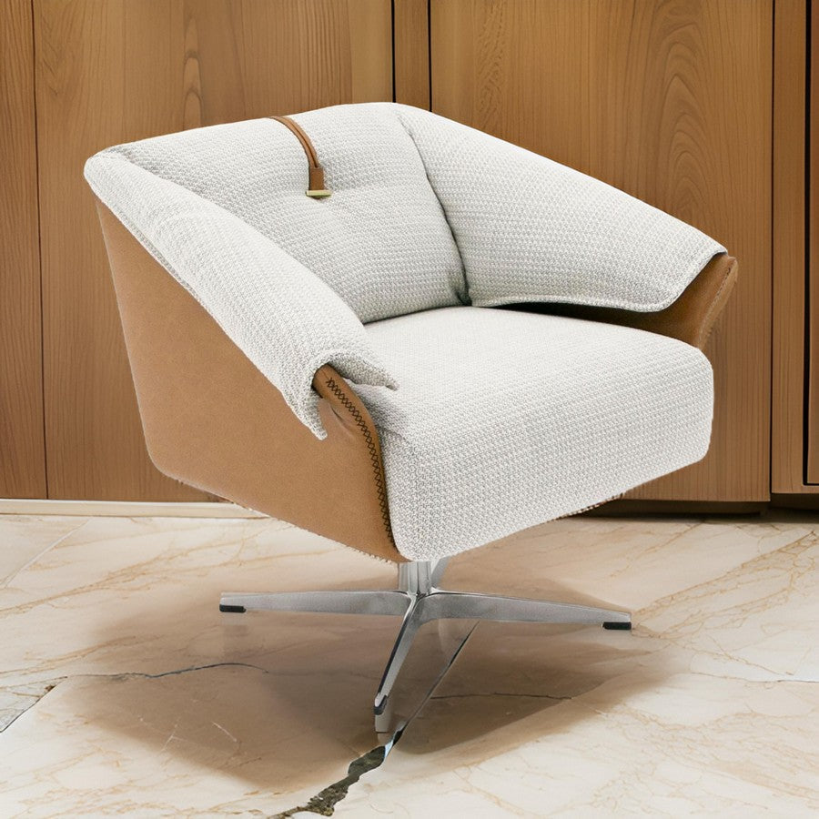 Benjara 31 Inch Swivel Accent Chair, Padded Cushions, Faux Leather, Gray, Caramel