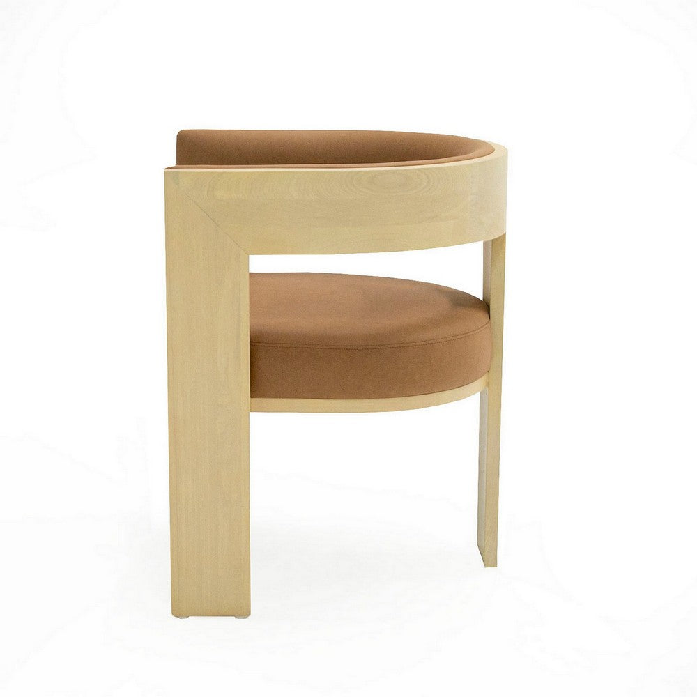 Benjara 24 Inch Dining Chair, Curved Open Back, Cushioned, Natural Ash, Rust Fabric