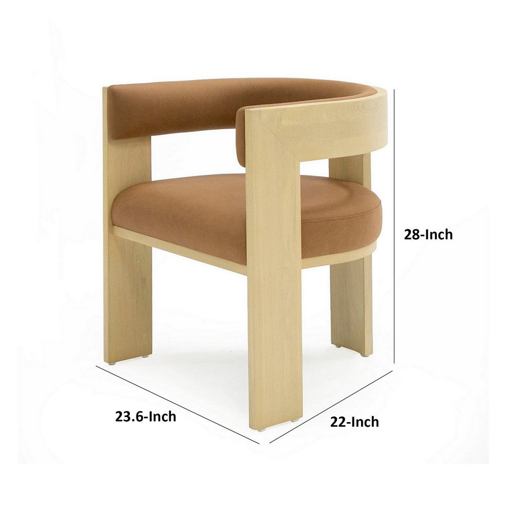 Benjara 24 Inch Dining Chair, Curved Open Back, Cushioned, Natural Ash, Rust Fabric