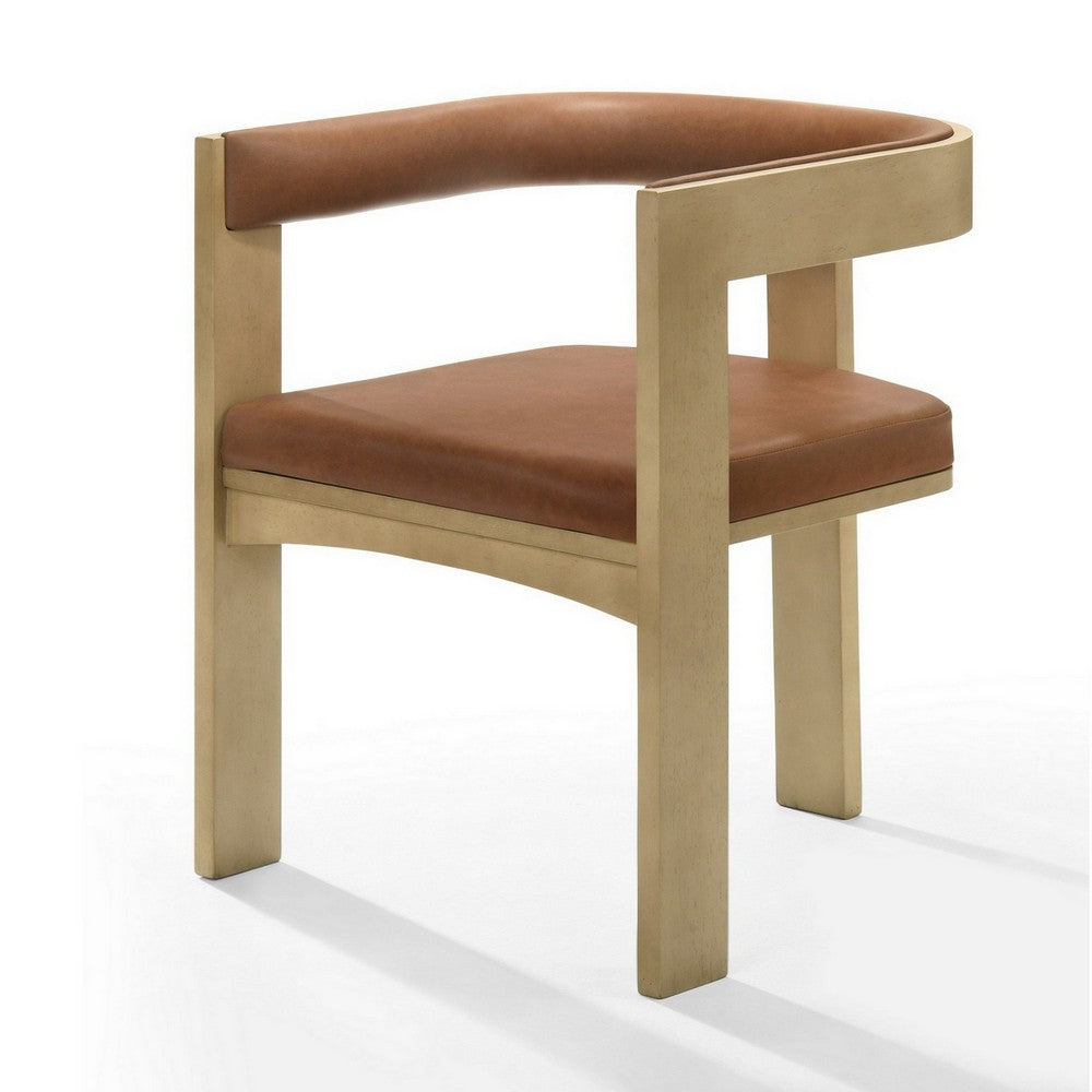 Benjara 23 Inch Dining Chair, Cushioned, Curved Open Back, Oak Brown, Upholstery