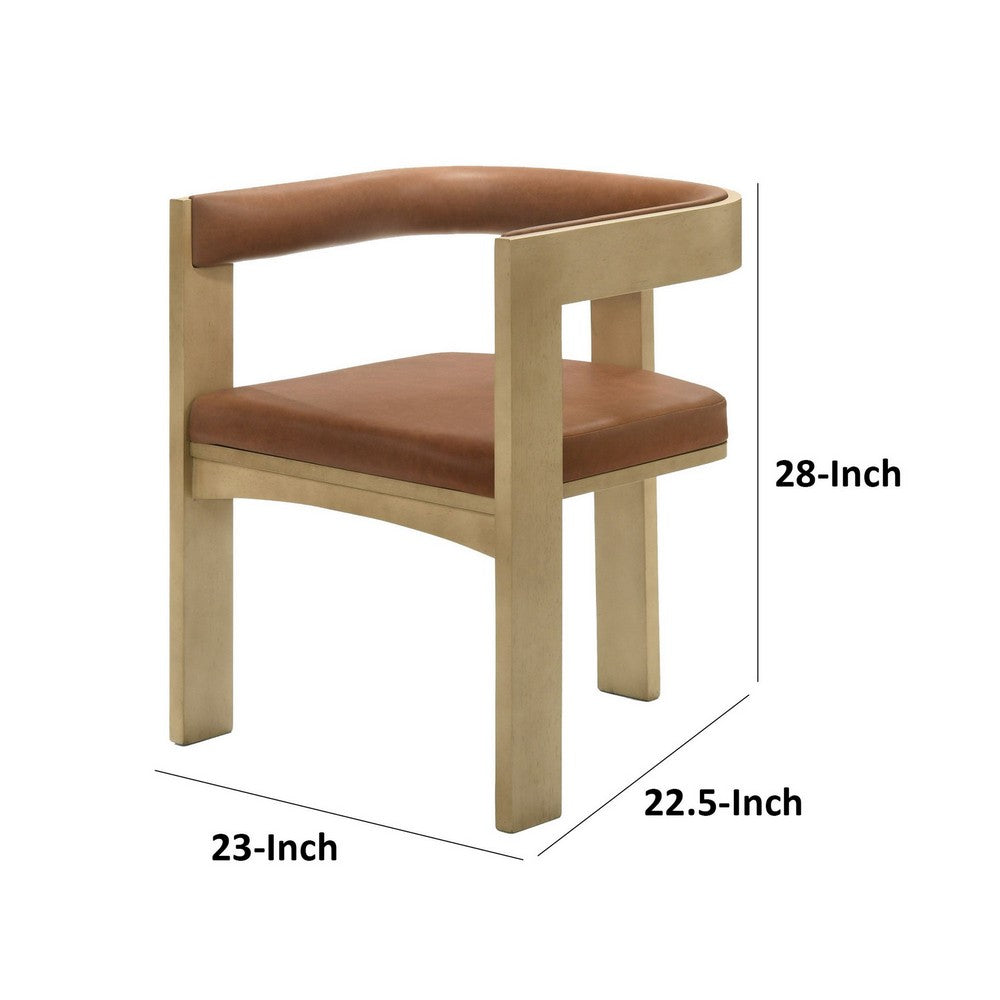Benjara 23 Inch Dining Chair, Cushioned, Curved Open Back, Oak Brown, Upholstery