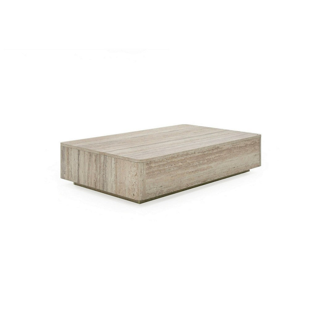 Benjara Lia 55 Inch Coffee Table, Rectangular Travertine Stone Finish Laminated Top