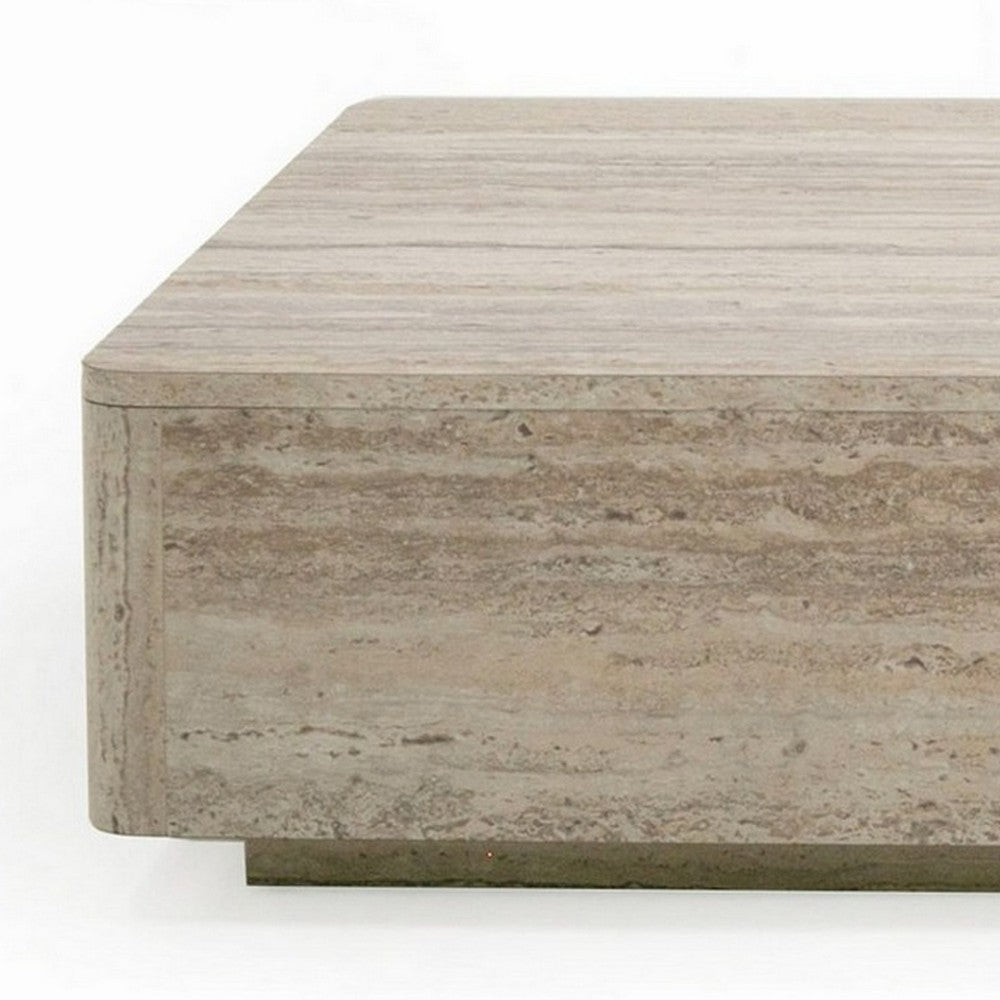 Benjara Lia 55 Inch Coffee Table, Rectangular Travertine Stone Finish Laminated Top