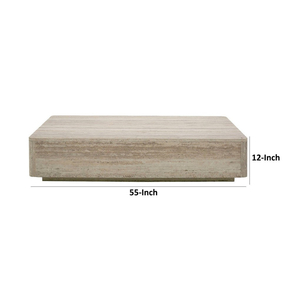 Benjara Lia 55 Inch Coffee Table, Rectangular Travertine Stone Finish Laminated Top