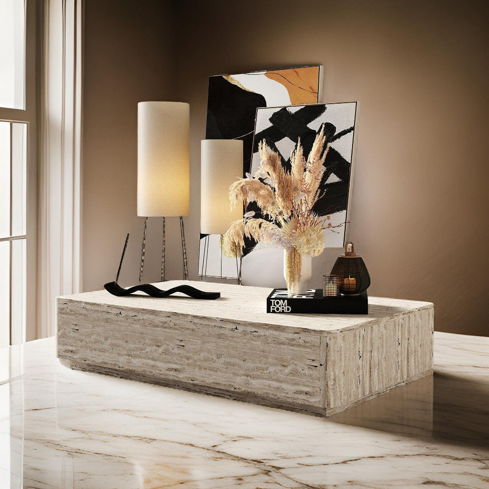 Benjara Lia 55 Inch Coffee Table, Rectangular Travertine Stone Finish Laminated Top