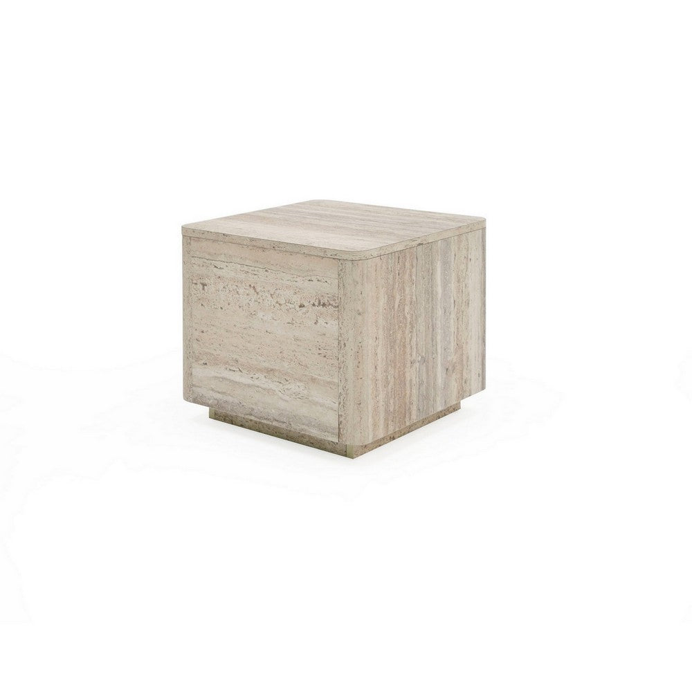 Benjara Lia 20 Inch End Table, Square Travertine Stone Finish Laminated Top