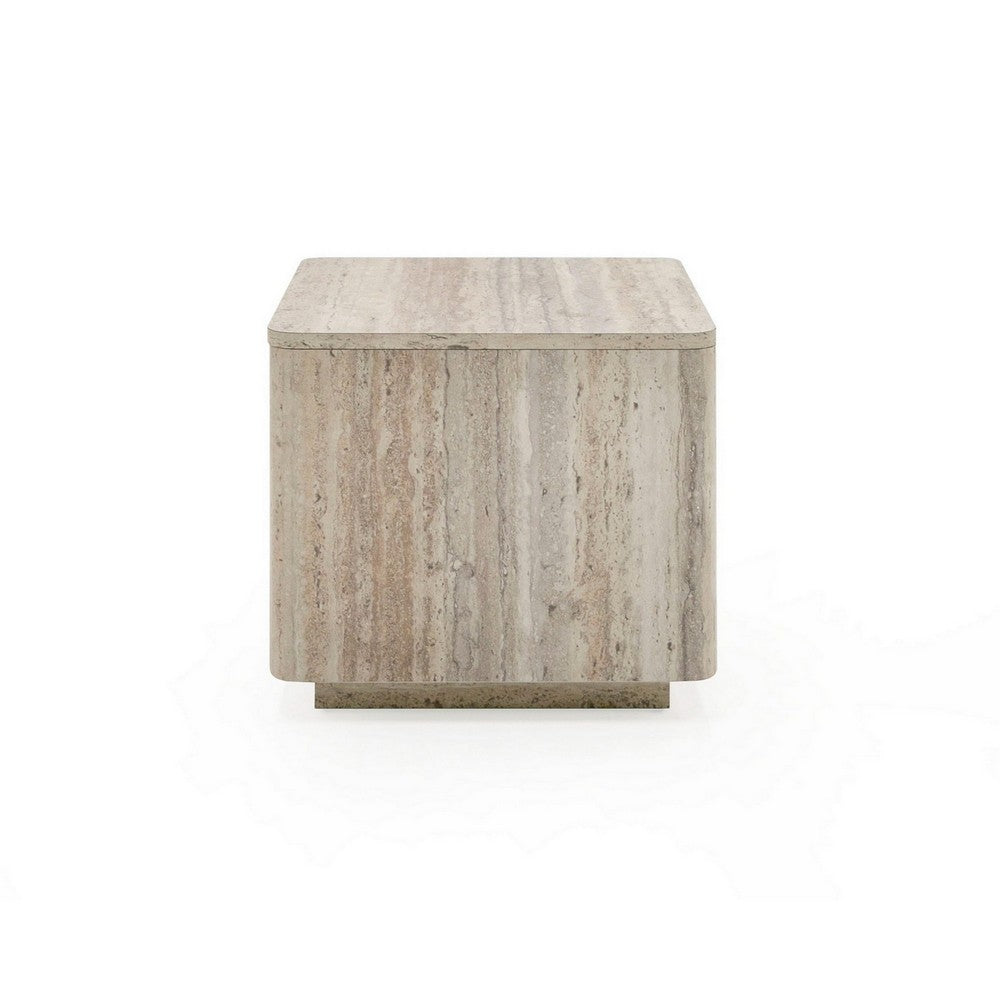 Benjara Lia 20 Inch End Table, Square Travertine Stone Finish Laminated Top