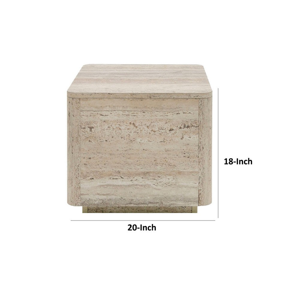 Benjara Lia 20 Inch End Table, Square Travertine Stone Finish Laminated Top