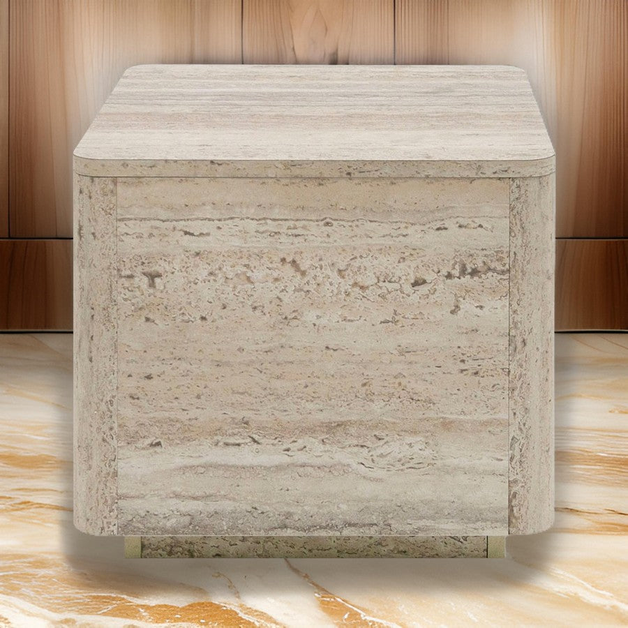 Benjara Lia 20 Inch End Table, Square Travertine Stone Finish Laminated Top