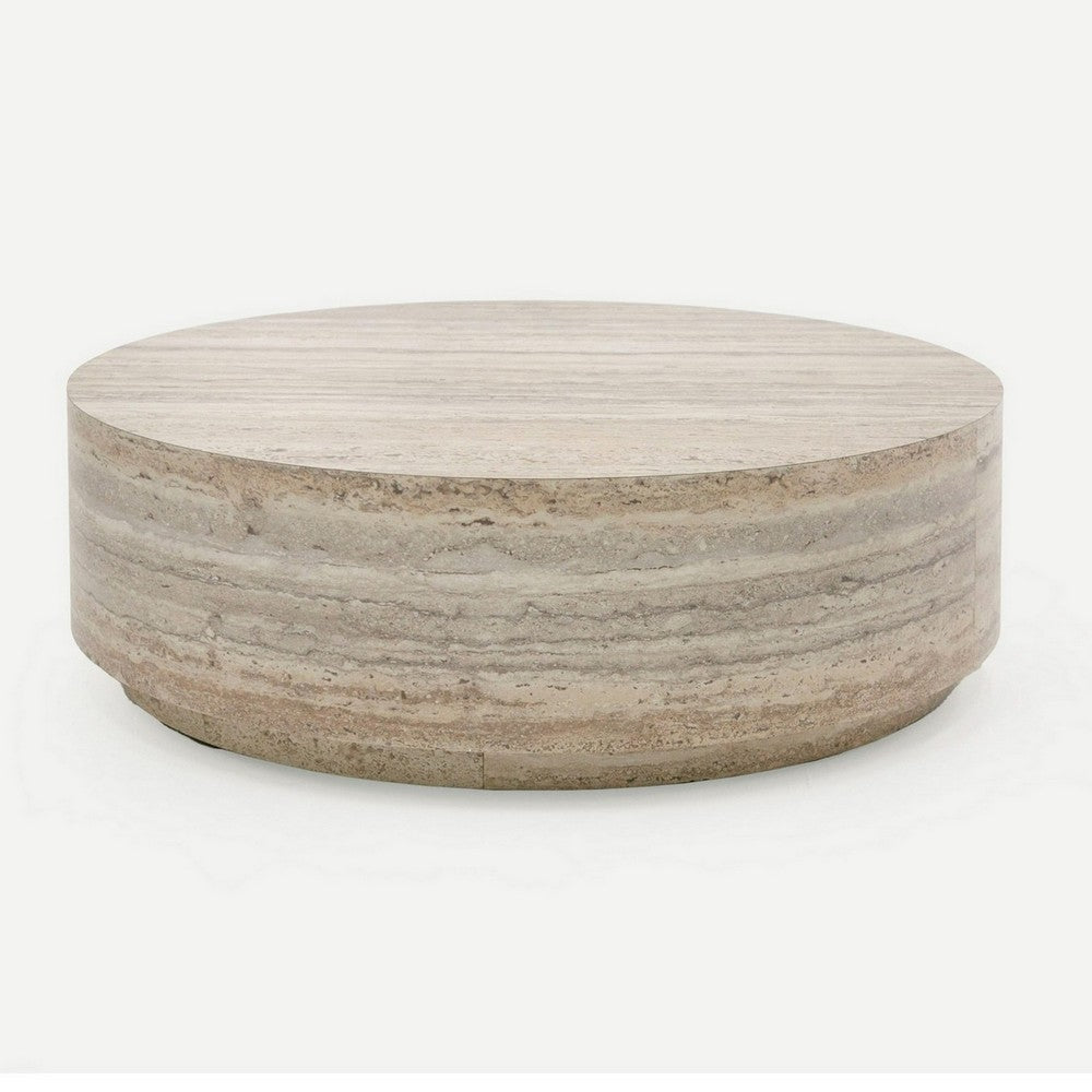 Benjara Lia 39 Inch Coffee Table, Round Travertine Stone Finish Laminated Top