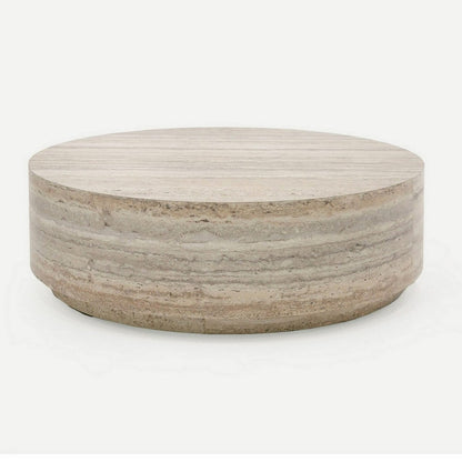 Benjara Lia 39 Inch Coffee Table, Round Travertine Stone Finish Laminated Top