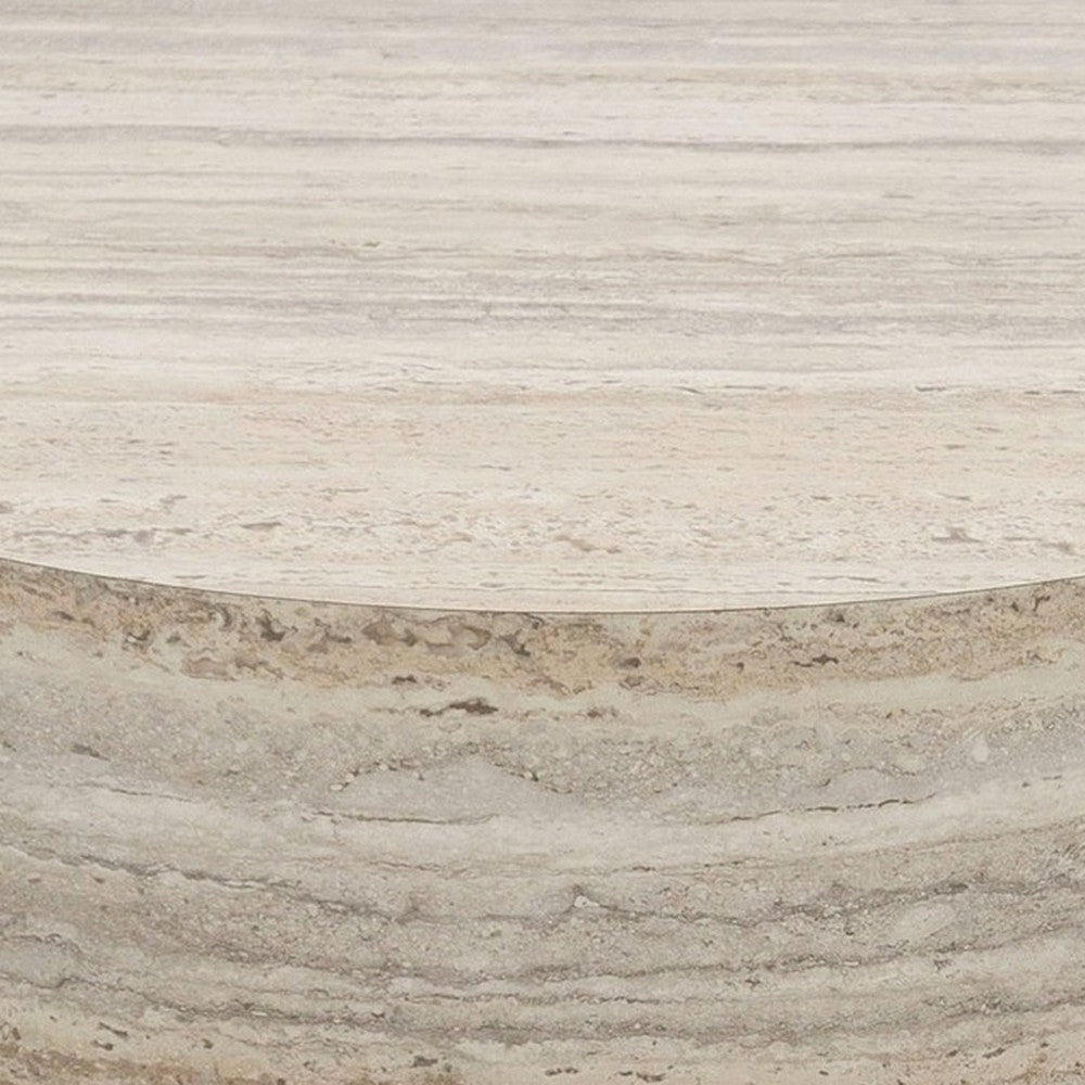 Benjara Lia 39 Inch Coffee Table, Round Travertine Stone Finish Laminated Top