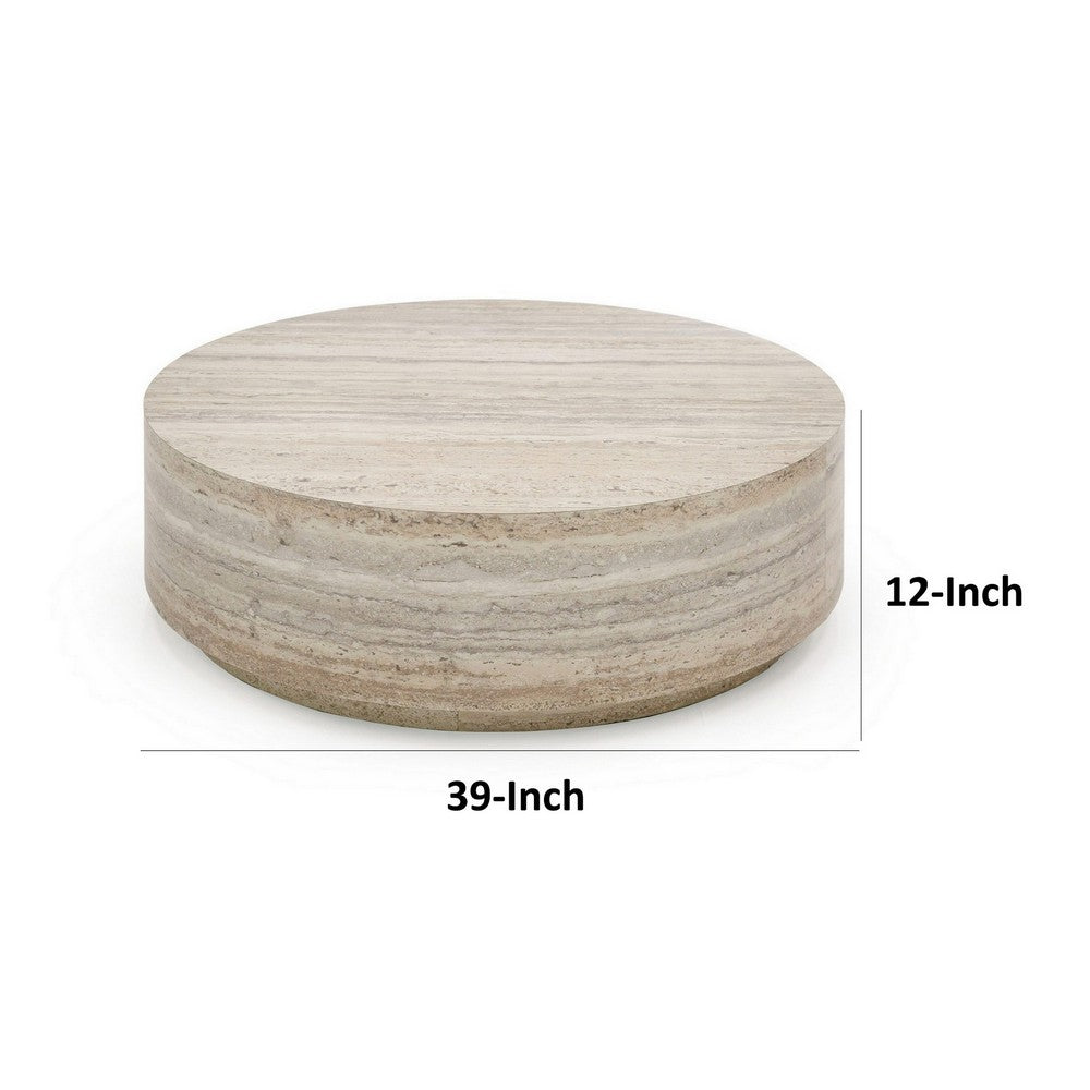 Benjara Lia 39 Inch Coffee Table, Round Travertine Stone Finish Laminated Top