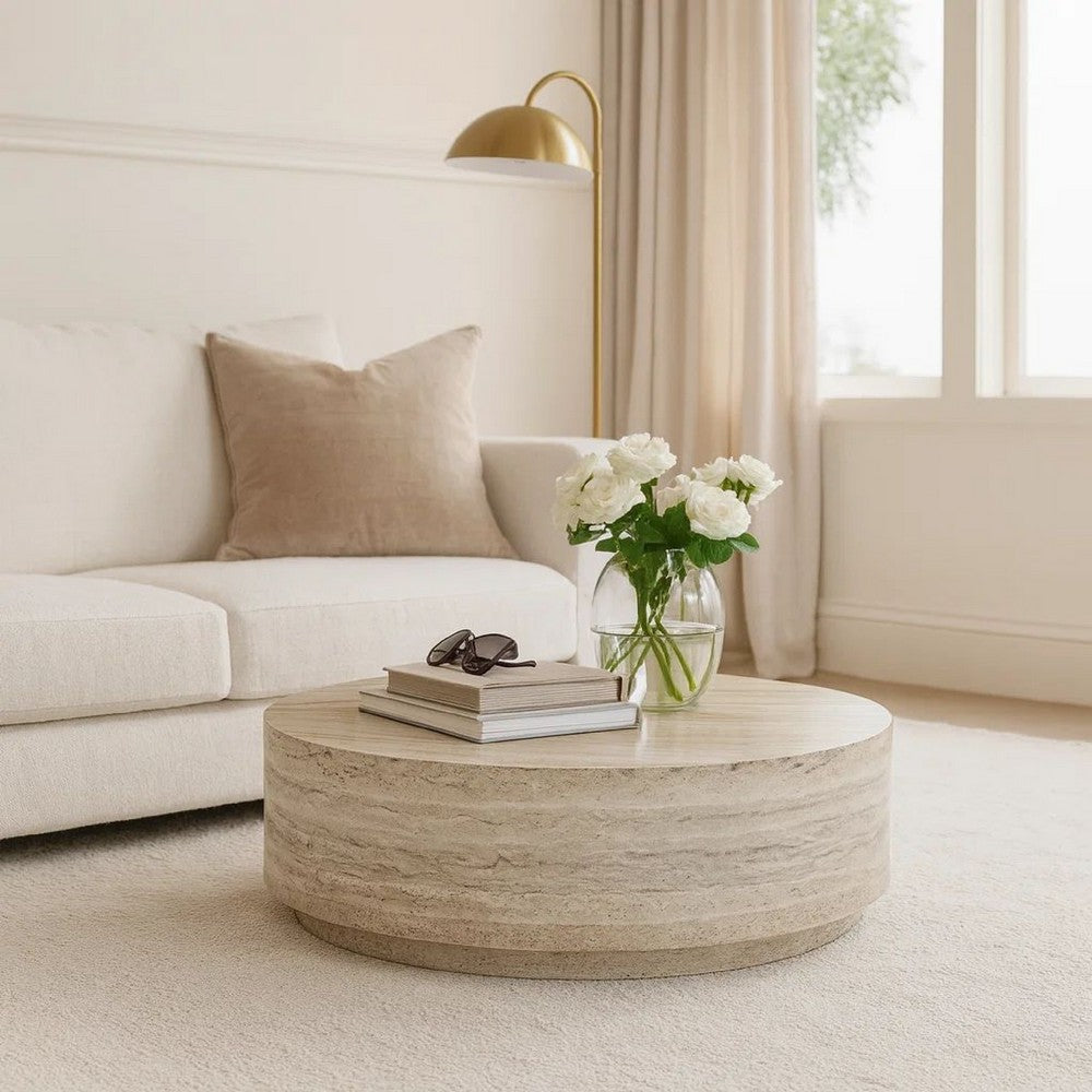 Benjara Lia 39 Inch Coffee Table, Round Travertine Stone Finish Laminated Top