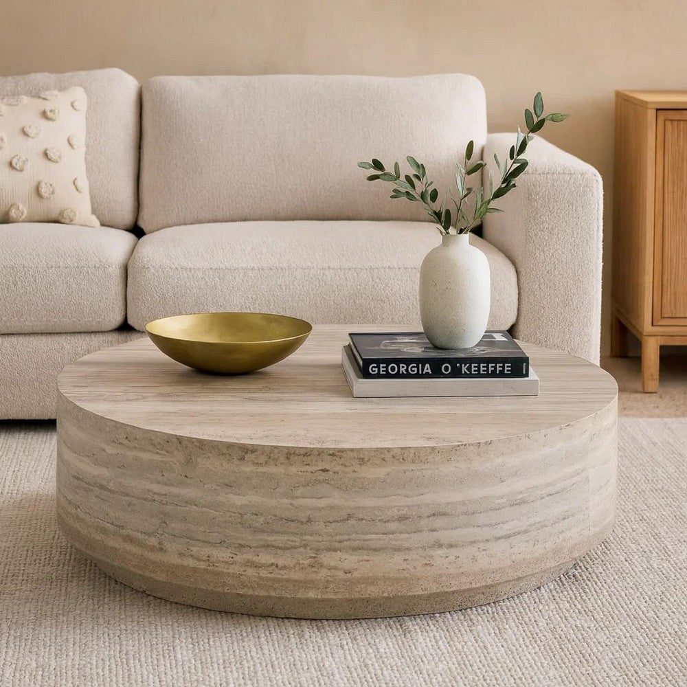Benjara Lia 39 Inch Coffee Table, Round Travertine Stone Finish Laminated Top