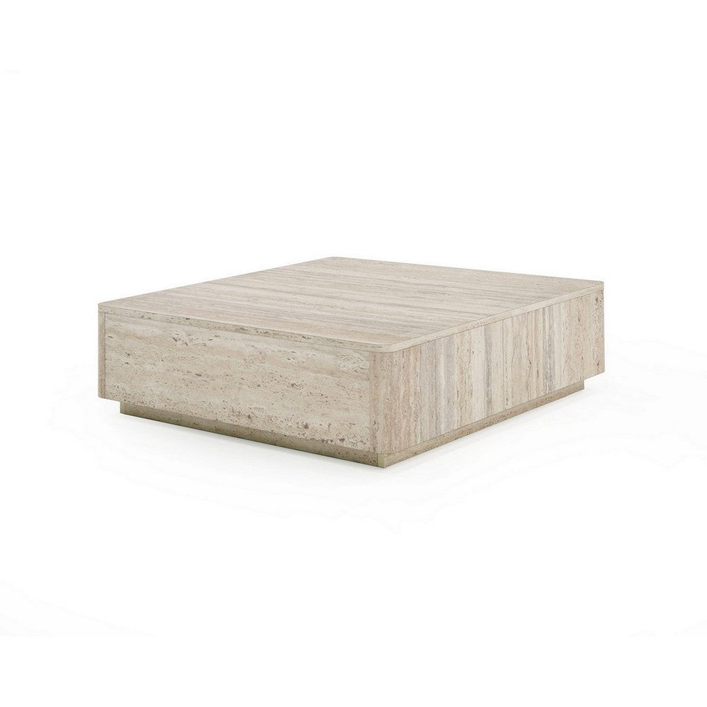 Benjara Lia 39 Inch Coffee Table, Square Travertine Stone Finish Laminated Top