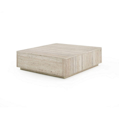 Benjara Lia 39 Inch Coffee Table, Square Travertine Stone Finish Laminated Top