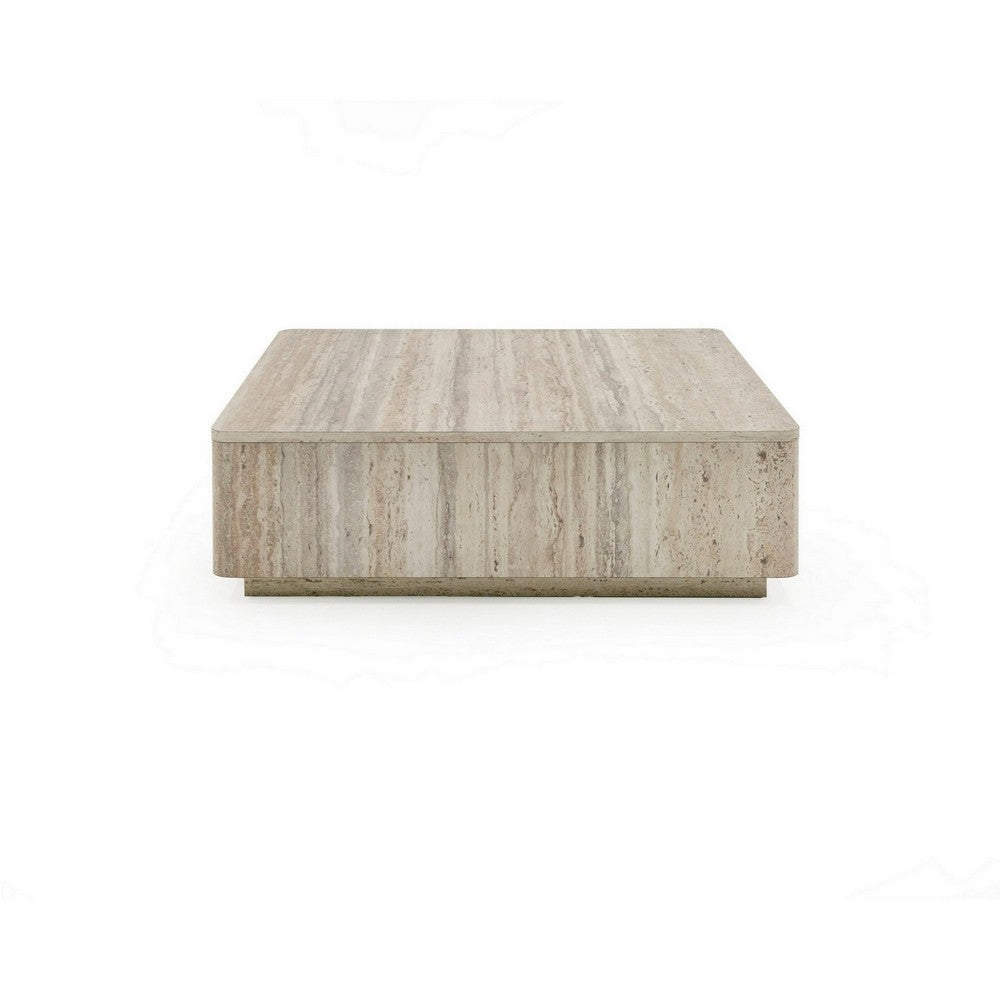 Benjara Lia 39 Inch Coffee Table, Square Travertine Stone Finish Laminated Top