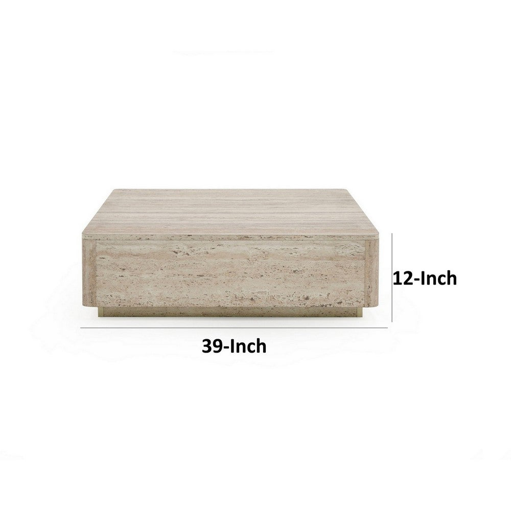 Benjara Lia 39 Inch Coffee Table, Square Travertine Stone Finish Laminated Top