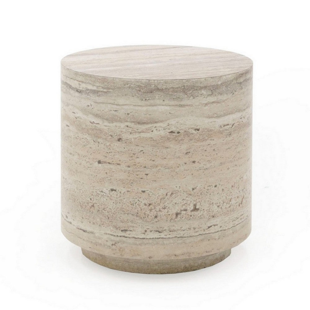 Benjara Lia 18 Inch End Table, Round Travertine Stone Finish Laminated Top