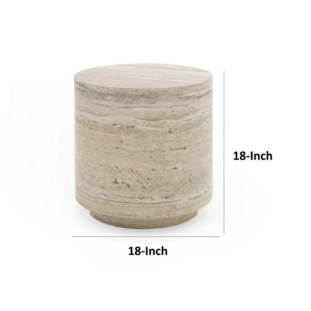 Benjara Lia 18 Inch End Table, Round Travertine Stone Finish Laminated Top