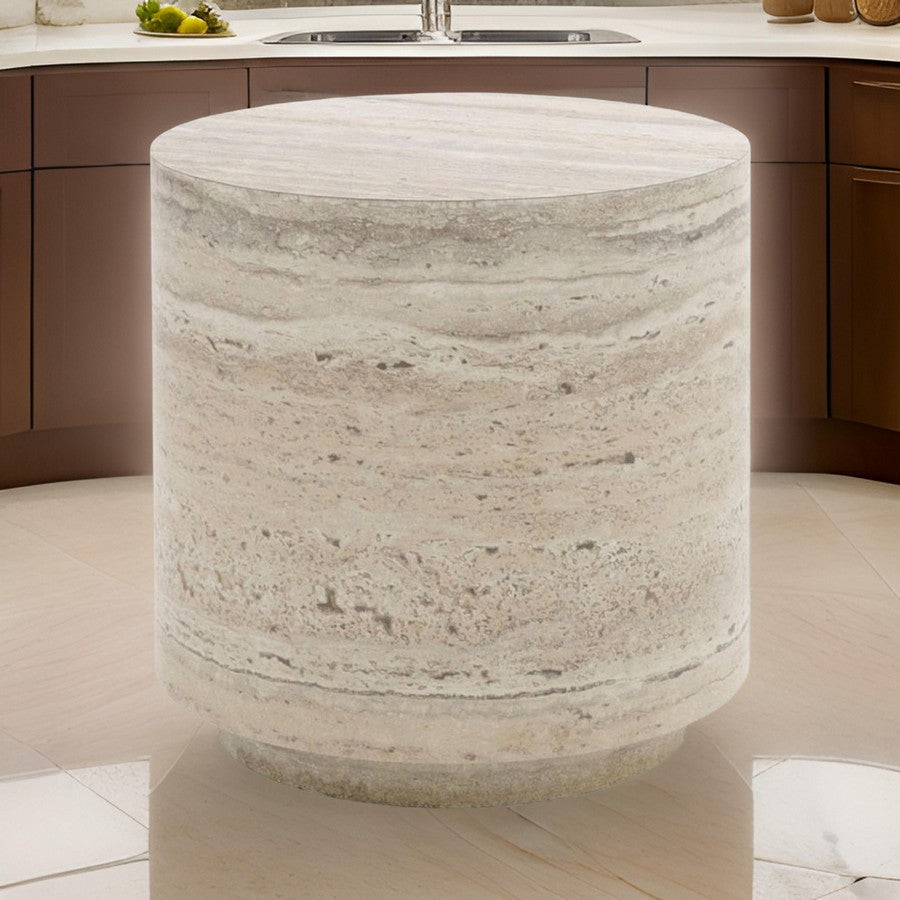 Benjara Lia 18 Inch End Table, Round Travertine Stone Finish Laminated Top