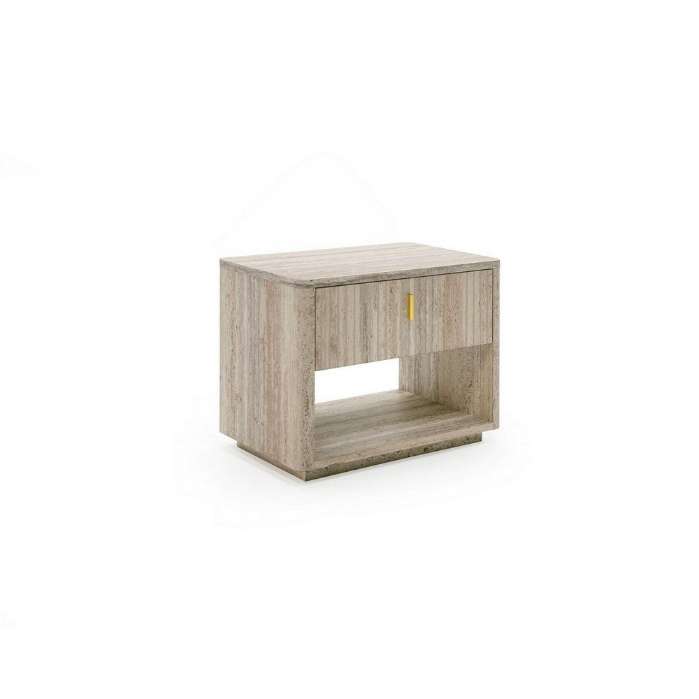 Benjara Fly 32 Inch Nightstand, 1 Drawer, 1 Sleek Gold Handle, Travertine Gray