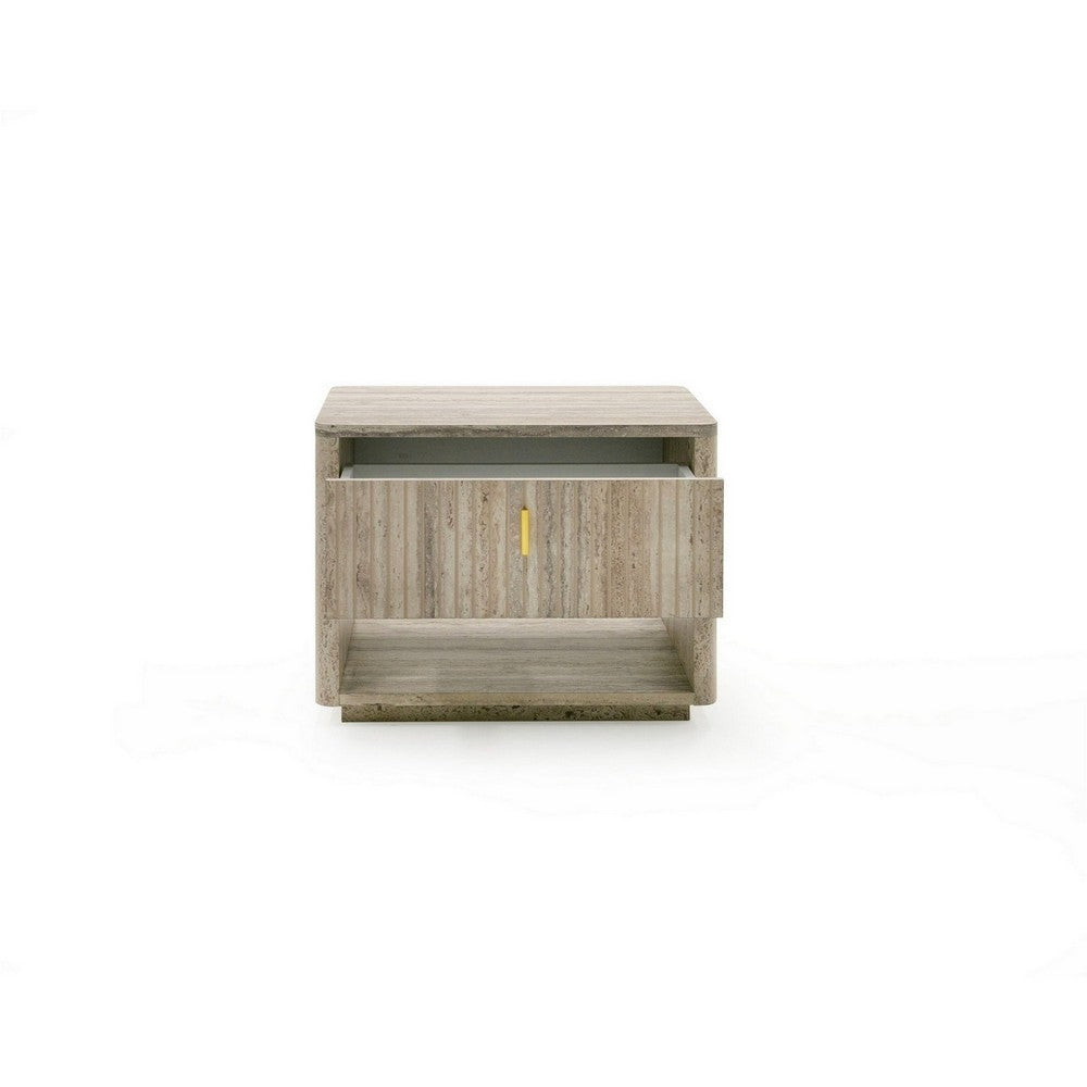 Benjara Fly 32 Inch Nightstand, 1 Drawer, 1 Sleek Gold Handle, Travertine Gray