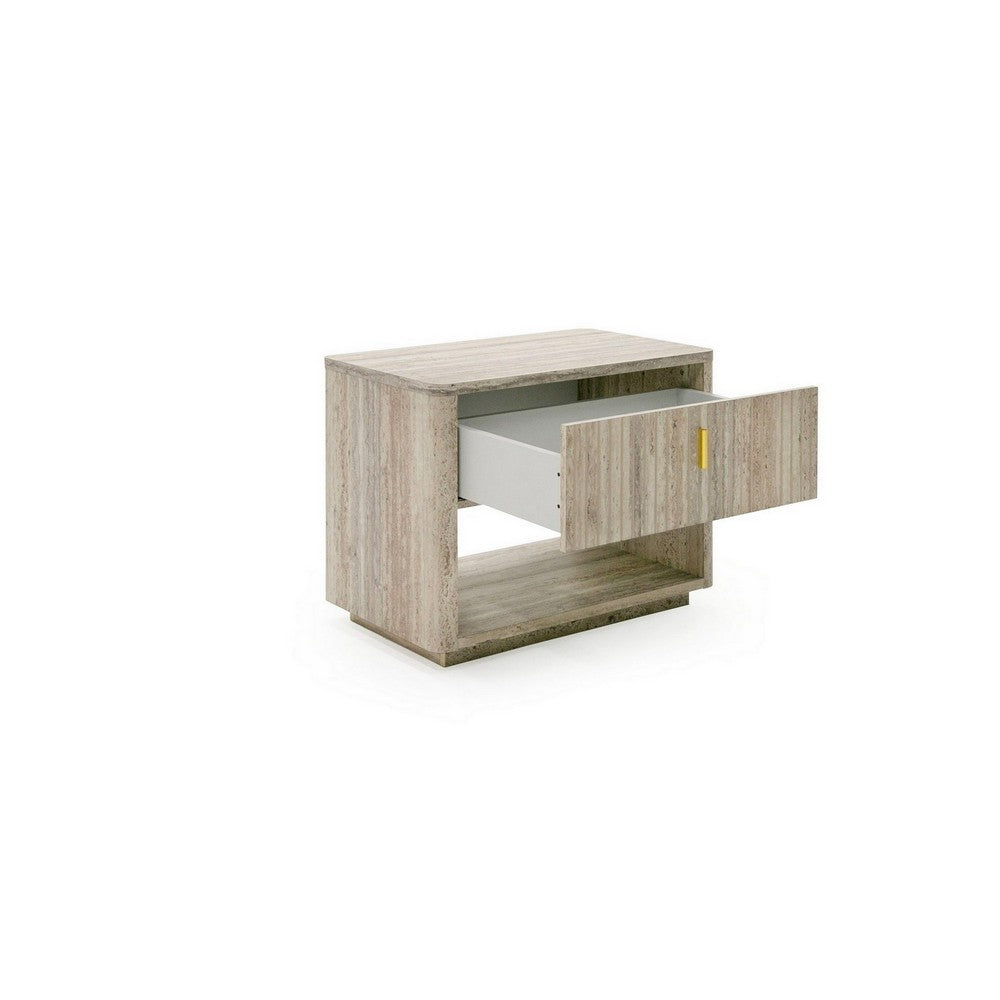 Benjara Fly 32 Inch Nightstand, 1 Drawer, 1 Sleek Gold Handle, Travertine Gray