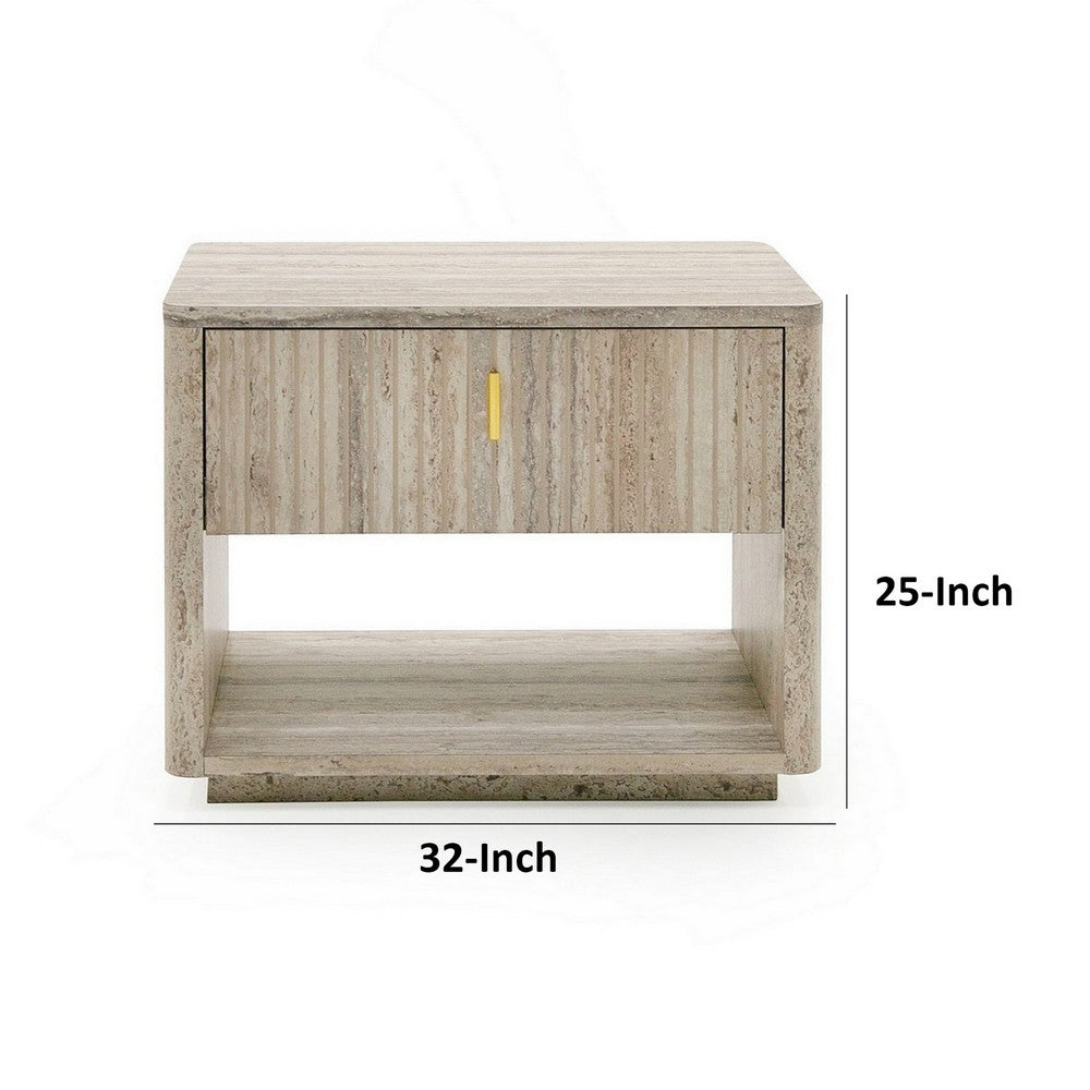 Benjara Fly 32 Inch Nightstand, 1 Drawer, 1 Sleek Gold Handle, Travertine Gray