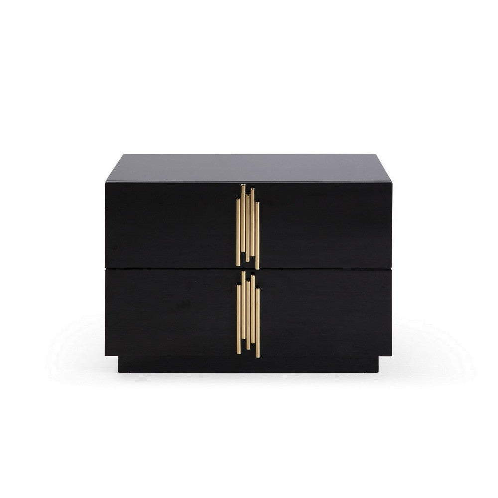 Benjara 28 Inch Nightstand, Modern Vertical Gold Handles, 2 Drawers, Black Finish