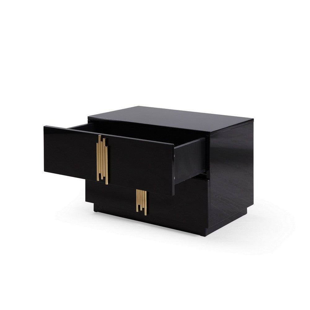 Benjara 28 Inch Nightstand, Modern Vertical Gold Handles, 2 Drawers, Black Finish