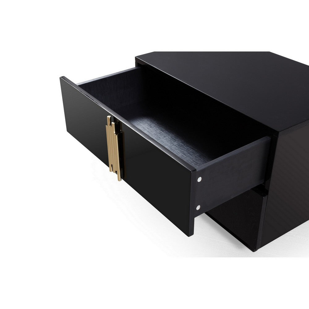 Benjara 28 Inch Nightstand, Modern Vertical Gold Handles, 2 Drawers, Black Finish